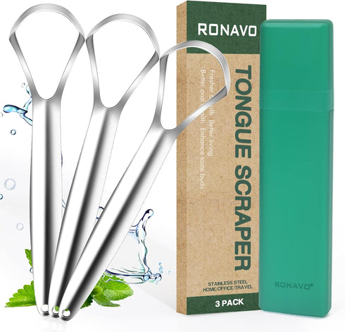 RONAVO Metal Tongue Scraper for Adults(3 Pack) with Travel Case for Oral Care, Reduce Bad Breath, Professional 100% Stainless Steel Tongue Cleaner...