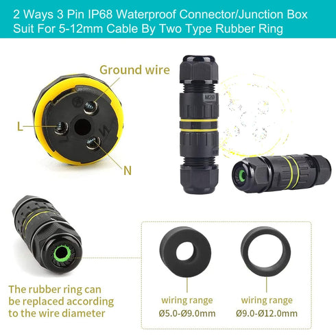 3 Pole Wire Connector Waterproof IP68 External Electrical Junction Box,M20 for Ø5-12mm Wire Range(AC 450V, 24A),2 Way 3Pin,Use for Outdoor Billboa...