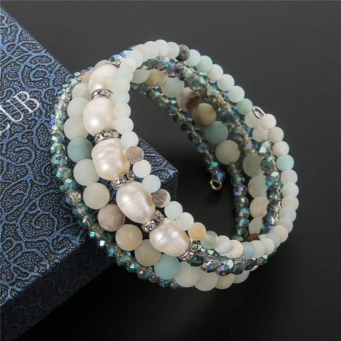 PEARL&CLUB Bead Crystal Wrap Bangle Bracelet - Fashion Jewelry Beaded Bracelet with Silver Metal, Gifts for Women...