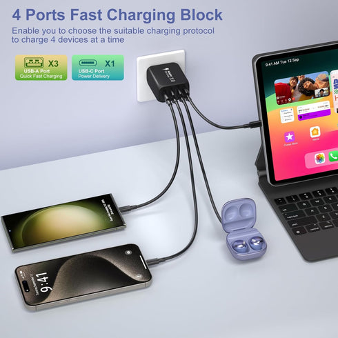 65W USB C Car Charger, Bangfun 4-Port Dual USB C & USB A Car Power Cigarette Lighter Adapter QC+PD 30W Super Fast Car Charger Block for iPhone 15 ...