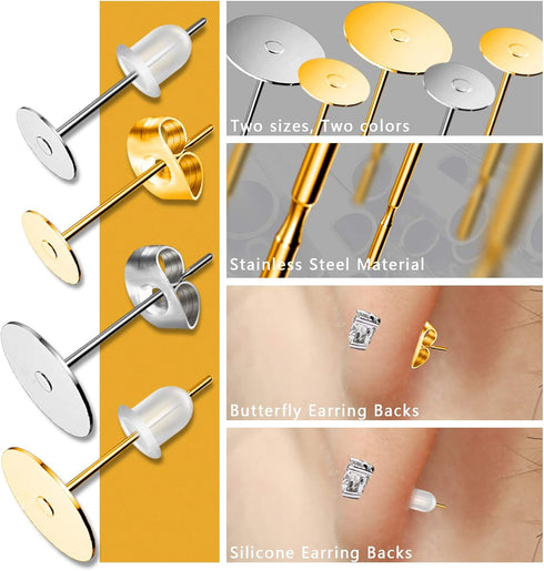 Earring Posts and Backs, 500Pcs Hypoallergenic Earring Studs for Jewelry Making with Butterfly Earring Backs and Rubber Bullet Earring Backs (4mm,...
