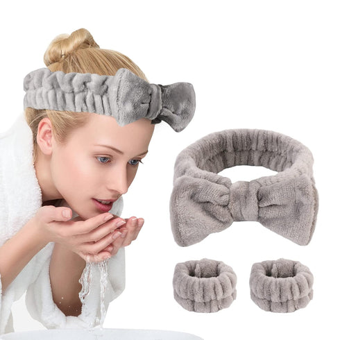 3 Pack Spa Headband and Wrist Washband Face Wash Set,Reusable Soft Makeup Headband Fleece Skincare Headbands for Washing Face Shower (Gray)...