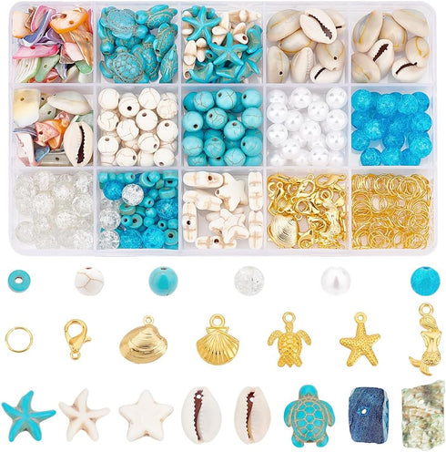 PH PandaHall 357pcs Starfish Shell Beads Ocean Jewelry Making 20g Seashells Synthetic Turquoise Beads Turtle Mermaid Charms Cowrie Shell Beads for...