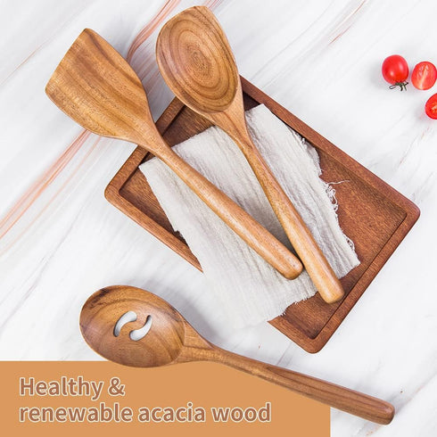 Thick Handle Wooden Spoon Utensils, Set of 3, Wooden Corner Spoons for Cooking, Acacia Wood Slotted Spoons Kitchen ScraperSpatula Safe for Nonstic...