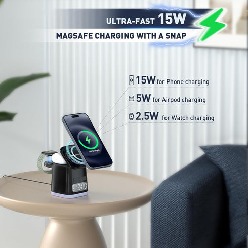 Alarm Clock + 3 in 1 Charging Station + Night Light, iphone iwatch airpod wireless charging dock, magsafe phone watch charger stand, travel charge...