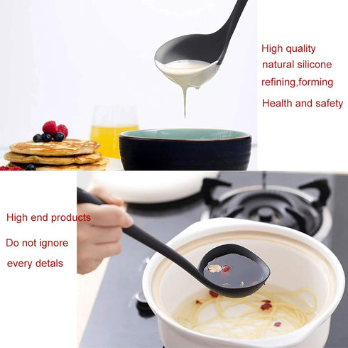 Silicone Ladle Soup Spoon Set of 2, Nonstick Heat Resistant Long Handle Unbreakable Big Round Scoop for Home Kitchen Cooking,Red and Black...