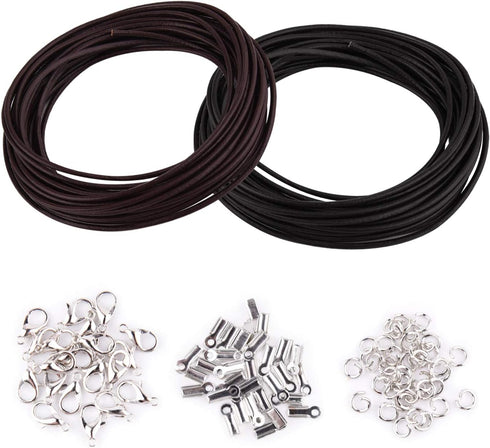 WXJ13 Genuine Leather Cord, 10 Meters 2 mm Wide Black and Coffee Leather Cord and 150 Pieces Jewelry Findings Necklace Cord String for Jewelry Mak...