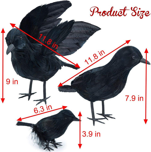 3-Pack Halloween Black Feathered Crow Realistic Handmade Crow Prop for Halloween Party Outdoors and Indoors Decoration...