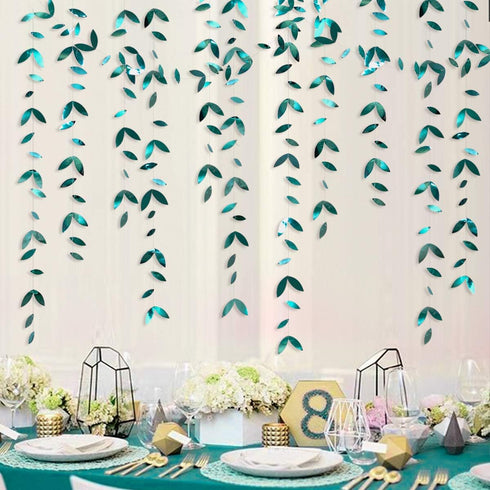 PinkBlume 52 Ft Dark Green Leaf Garland, Emerald Turquoise Paper Hanging Leaves Streamer, Teal Aqua Green Banner for Wedding, Bridal Shower, Engag...