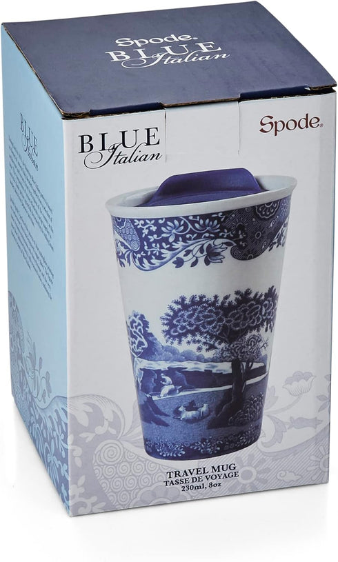 Spode Blue Italian 8oz Porcelain Travel Mug with Lid – Scenic Patterned Drinkware with Decorative Border - Portable Ceramic Coffee Cup for Brunch,...