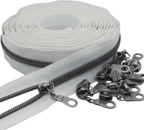 MebuZip #5 Gunmetal Metallic Nylon Coil Zippers by The Yard Bulk Coil Zipper Roll 10 Yards with 25pcs Pulls for DIY Sewing Craft Bags (White)...