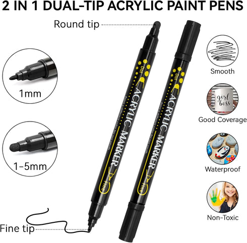 Black Paint Marker, 8 Pack Dual Tip Acrylic Paint Pens, Ideal for Wood, Rock Painting, Canvas, Stone, Glass, Ceramic...