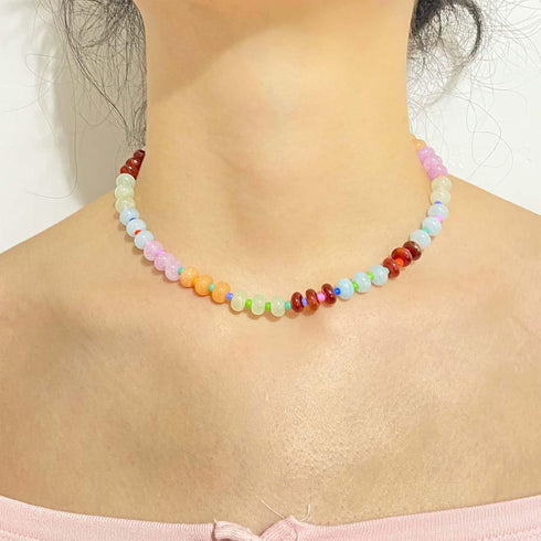 Beaded Gemstone Necklace for Women,Trendy Boho Colorful Rainbow Beaded Choker Necklace,Natural Stone Necklace Surfer Beach Necklace,Summer Handmad...