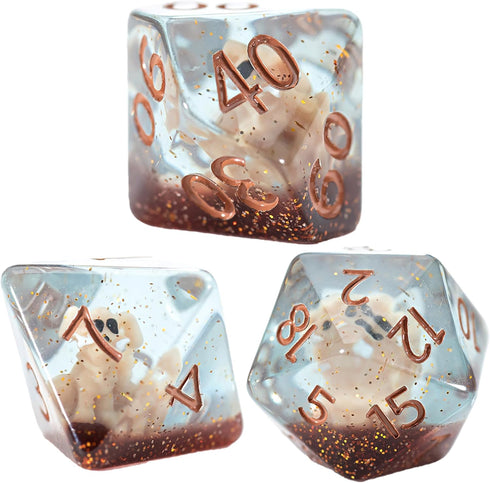 Gate Keeper Games and Dice: Inclusion Dice: Puppy Dice - 7pc RPG Set, Tan Puppy in Clear Resin w/ Brown Glitter, 7 Resin Dice for Role Playing Gam...