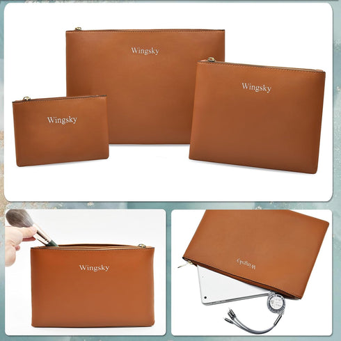 3 Pack Makeup Bag for Purse, Vegan Leather, Travel Makeup Pouch Cosmetic Bag Zipper Pouch Bags,Travel Toiletry Bags for Women (Camel Brown, 12.6x9...
