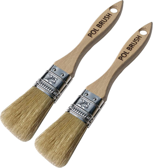 Set of 2 1 inch European Professional Flat Paint Brushes - Natural Bristle Wooden Handle - for Acrylic, Chalk, Oil, Watercolor, Gouache, Stain, Va...