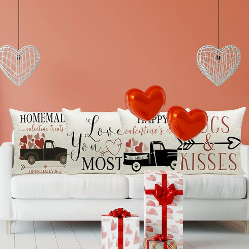 Hlonon Valentines Day Pillow Covers 18 x 18 Inches Set of 4 - Red Heart Truck Decor and Love Arrow Decor Throw Pillow Covers for Sofa Couch Cushio...