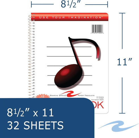 Roaring Spring Music Wire Bound Notebook, 12 Staves of Music Lines, 11" x 8.5", 32 Sheets Heavyweight Smooth White Paper (Pack of 1)...