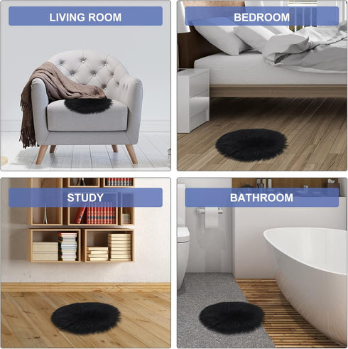 Sibba Faux Fur Fuzzy Area Rug Chair Pad Protectors 30 cm Black Small Round Cover Pillow Cushion Carpet Mat Desk Sofa Seat Couch for Living Room Ki...