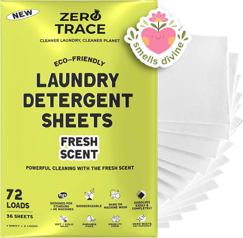 Zero Trace All Natural Laundry Detergent Sheets Eco Friendly - Laundry Soap Sheets - Travel Laundry Detergent with Fresh Scent (72 Loads 36 Sheets...