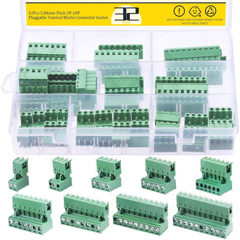 32Pcs 9 Type Pluggable Terminal Blocks Connector Socket, 5mm/0.2inch Pitch PCB Mount Screw Male Female Connectors(2/3/4/5/6/7/8/9 Pins)...