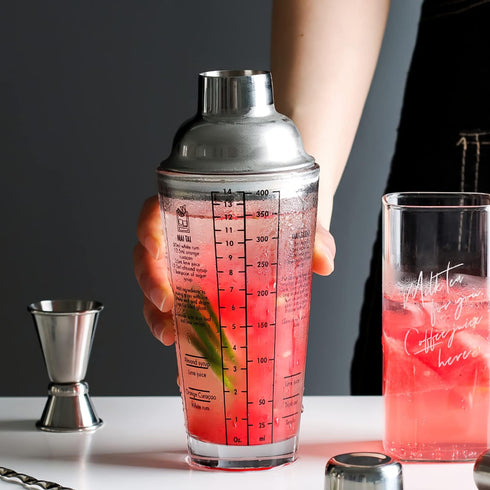 Cocktail Shaker Glass,Martini Shaker With Recipes on Side 13.5oz Mixed Drink Shaker with Glass Cup Professional Bar Tool with Scale Glass (Silver,...