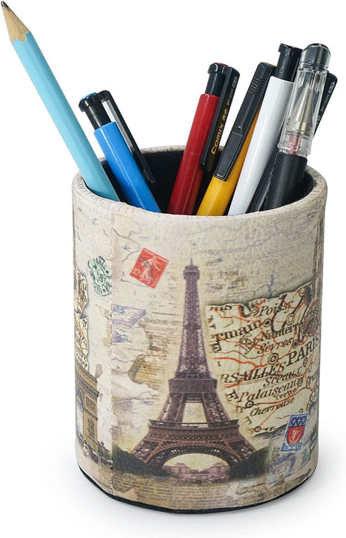 Vintage Pen Pencil Holder Cup Retro Desk Organizer for Home Office Living Room (Beige Paris Eiffel Tower Round)...