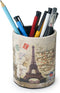Vintage Pen Pencil Holder Cup Retro Desk Organizer for Home Office Living Room (Beige Paris Eiffel Tower Round)...