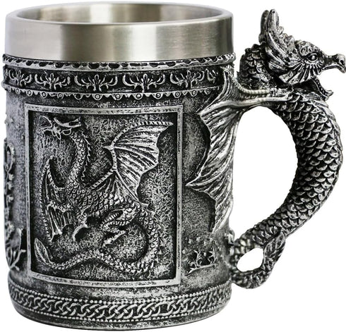 Medieval Roaring Dragon Mug - Dungeons and Dragons Beer Stein Tankard Drink Cup - 15.8oz Stainless Coffee Mug for GOT Dragon Lovers Collector Idea...