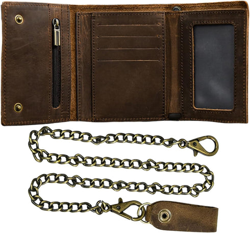 Men's Tri-fold Vintage Biker Cowhide Top Grain Leather Steel Chain Wallet,Snap Closure...