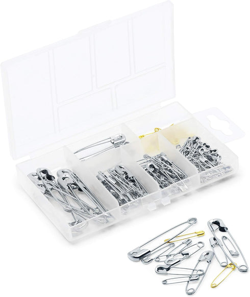 Dritz 1480 Safety Pins with Storage Box, Nickel plated Steel & Brass, Assorted Sizes (100-Count)...