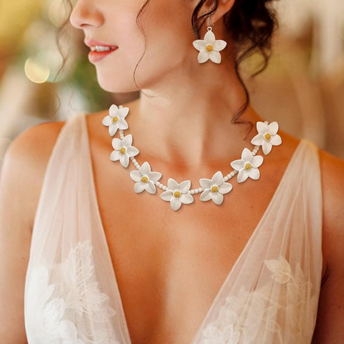 EVER FAITH Flower Jewelry Sets for Women, Dainty Enamel Faux Pearl Bead Wedding Party Choker Necklace Hook Earrings Set Summer Beach Accessories f...