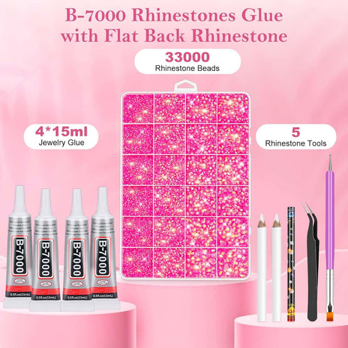 cridoz B-7000 Glue with 33000Pcs Rhinestones for Crafting, Clear Glue Flat Back Rhinestones Pink Crystal Kit with Jewelry Glue for Clothing Fabric...