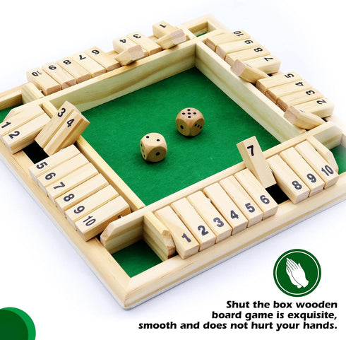Dice Game Shut The Box Game Wooden Board Game with 10 Dices,a Classic 4 Sided Family Math Game for 2-4 Players Dice Board Game Shut-The-Box(Kids o...