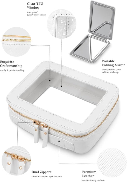 Mini Clear Makeup Bag - White Leather Makeup Pouch for Travel & School, Small Toiletry Bag for Purse & Backpack, Waterproof Square Organizer with ...