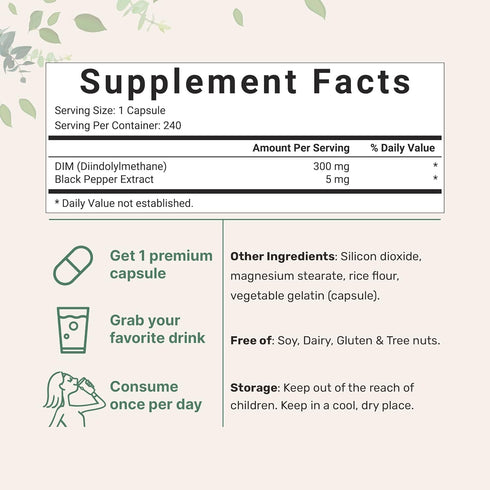 DIM Active Supplement, DIM 300mg, 240 Veggie Capsules (8-Month Supply), 2 in 1 Formula, Estrogen Metabolism, Premium DIM-Plus Broccoli Extract Sup...
