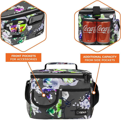 opux Insulated Lunch Bag for Men Women, Leakproof Floral Grey Lunch Box for Work, Portable Soft Lunch Cooler Bag with Shoulder Strap, Adult Lunchb...