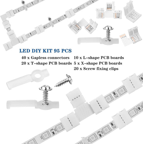Mudder 95 Pieces 4 Pin LED Light Strip Connectors Set Including Screw Clips, 4 Pin LED Connectors, Cuttable T, L and X Shape PCB Board for SMD 505...