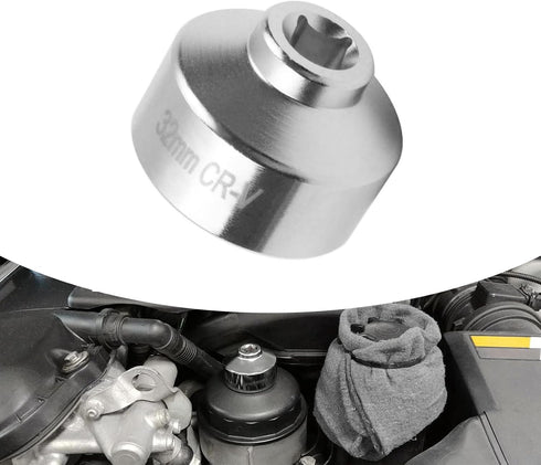Pack-1 Car 32mm Oil Filter Wrench, 6 Point 3/8" Steel Low Profile Drive Socket Wrench, Oil Filter Labor-saving Disassembly Tool, Compatible with E...