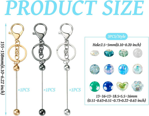 Beadthoven Beadable Keychain Bars with Beads, DIY Bead Keychain Making Kit 3pcs Metal Keychain Bars Blanks 36pcs Bubblegum Beads Colorful Acrylic ...