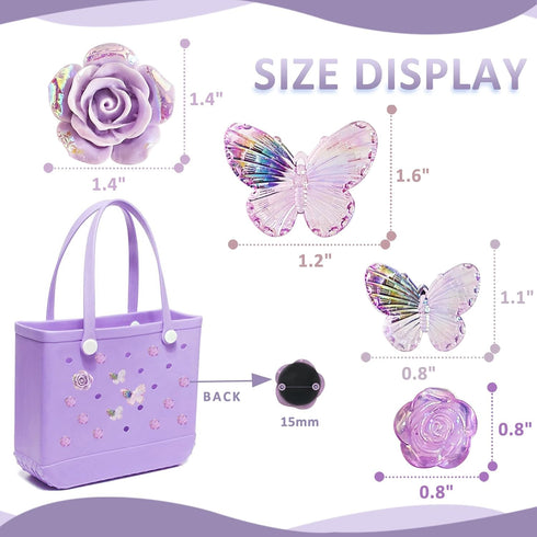 Accessories for Bogg Bag, Purple Butterfly and Roses Decoration for Bogg Bag Charms, Compatible with Women Rubber Beach Bag Tote Handbag, 16 Pcs...