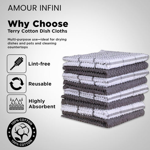 AMOUR INFINI Cotton Kitchen Dish Cloths Set of 8 – Highly Absorbent, Super Soft Premium Terry Cleaning Cloth (12"x12" Inch) Premium Dishcloths for...