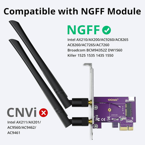 PCIE X1 to M.2/NGFF (A+E Key) WiFi Bluetooth Wireless Module Adapter Card with Dual-Band 2.4&5G 2X 5dBi Antenna...