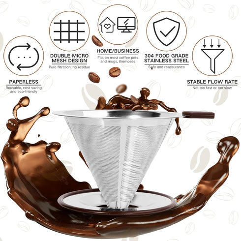 Pour Over Coffee Dripper?Reusable Stainless Steel Drip Cone Coffee Filter, Update Double Ultra Fine Micro Mesh Filter, Professional Paperless Drip...