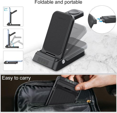 Wireless Charger for Samsung, RAUGEE Foldable 3 in 1 Fast Wireless Charging Station for Samsung Galaxy S24/24+/24 Ultra/S23 Ultra/S23+/S22/Z Fold/...