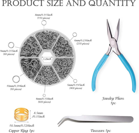 ZYNERY 1500pcs 304 Stainless Steel Open Jump Rings with Jewelry Rings and Tweezers and Jewelry Pliers for Jewelry Making Supplies, Jewelry Fix, Wi...