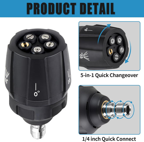 Pressure Washer Spray Nozzle, Adjustable 5-in-1 Quick Changeover Power Washer Nozzle for High Pressure Washer, 1/4in Plug Connect Tips, 3000PSI (3...