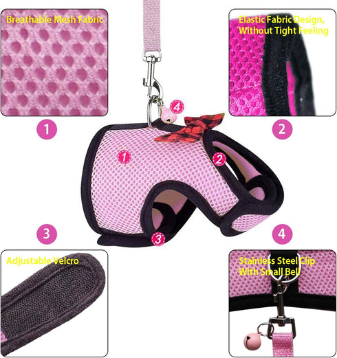 Rypet Small Animal Harness and Leash - Soft Mesh Small Pet Harness with Safe Bell, No Pull Comfort Padded Vest for Small Pet Pink S...