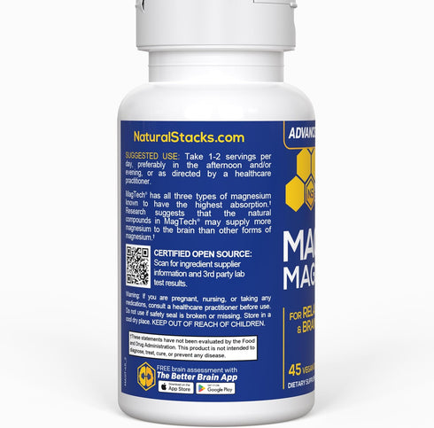 Natural Stacks MagTech Magnesium Supplement - Chelated Magnesium Complex - 3 Forms of Magnesium: Magtein Magnesium L-Threonate, Glycinate & Taurat...