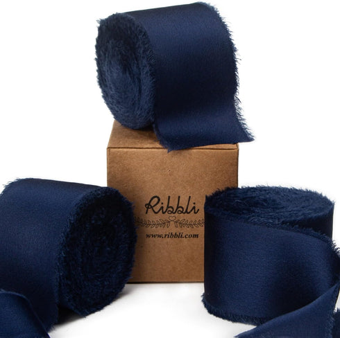 Ribbli Navy Blue Silk Satin Ribbon 1.5 Inch x 30 Yard Handmade Frayed Chiffon Navy Ribbon for Gift Wrapping Wedding Invitations Bridal Bouquets Ho...